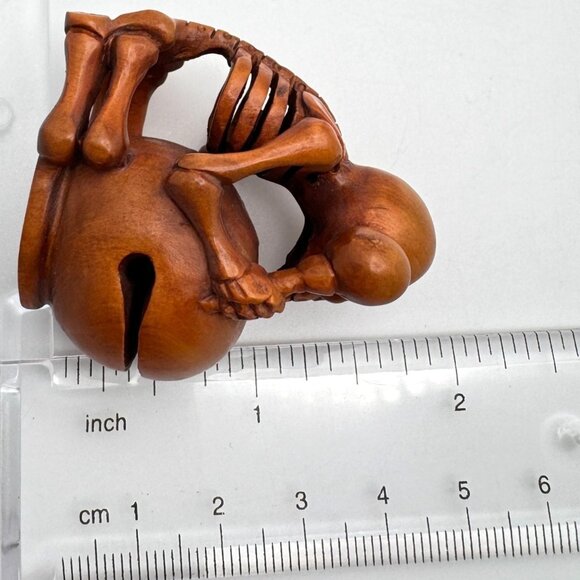 Netsuke Large Skeleton Playing Drum Hardwood Carving Sculpture Japanese Vintage - Picture 2 of 11